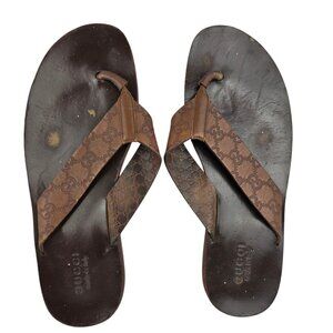 Gucci Gg Monogram Men’s Brown Canvas Leather  Sandals Size 9